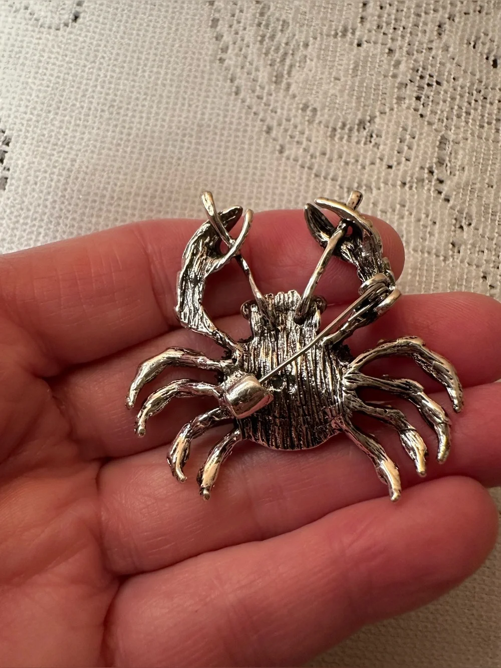 Silver-Tone Crystal Crab Brooch with a Red Center Stone